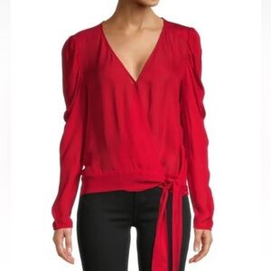 Parker Arya Puff Sleeve Wrap silk long sleep top ruby red XS